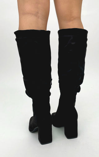 Wide Fit Black Faux Suede Square Toe Ruched Knee High Black Heel Boots