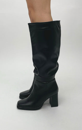 Wide Fit Black Pu Square Toe Ruched Knee High Black Heel Boots