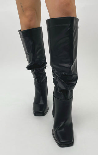 Wide Fit Black Pu Square Toe Ruched Knee High Black Heel Boots