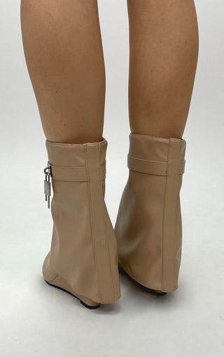 Beige PU Wedge Padlock Ankle Fold Over Shark Boots