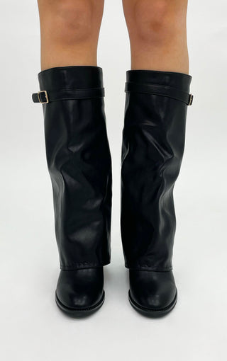 Black Faux Leather Fold Over Shark Boot Round Toe Block Heel Knee High