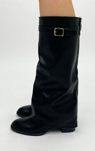 Black Faux Leather Fold Over Shark Boot Round Toe Block Heel Knee High