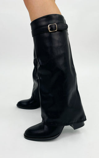 Black Faux Leather Fold Over Shark Boot Round Toe Block Heel Knee High