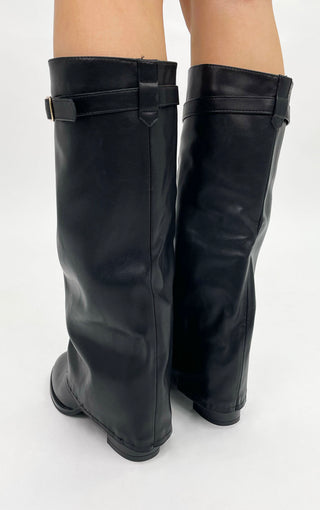 Black Faux Leather Fold Over Shark Boot Round Toe Block Heel Knee High