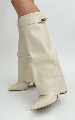 Beige Leather Fold Over Shark Classic Buckle Knee High Boot