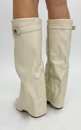 Beige Leather Fold Over Shark Classic Buckle Knee High Boot