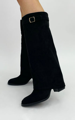 Black Faux Suede Fold Over Shark Boot Round Toe Block Heel Knee High