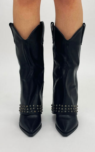 BLACK FAUX LEATHER STUDDED FOLD OVER WESTERN COWBOY BOOTS