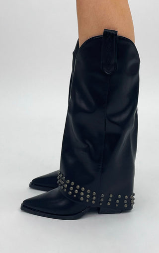 BLACK FAUX LEATHER STUDDED FOLD OVER WESTERN COWBOY BOOTS