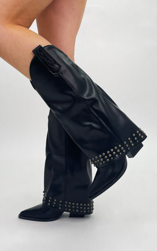 BLACK FAUX LEATHER STUDDED FOLD OVER WESTERN COWBOY BOOTS