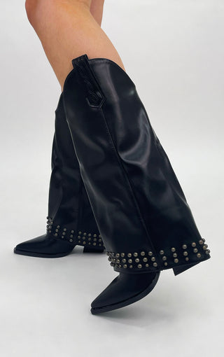 BLACK FAUX LEATHER STUDDED FOLD OVER WESTERN COWBOY BOOTS