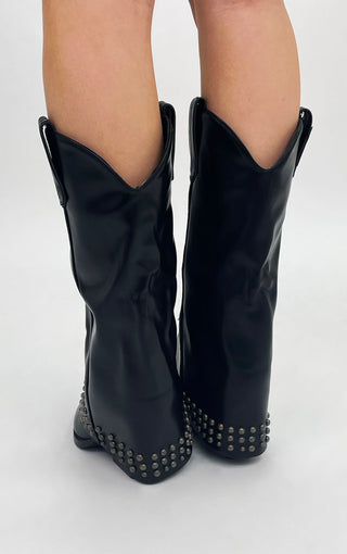 BLACK FAUX LEATHER STUDDED FOLD OVER WESTERN COWBOY BOOTS