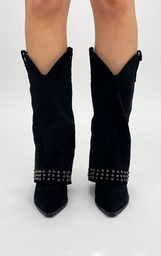 BLACK FAUX SUEDE STUDDED FOLD OVER WESTERN COWBOY BOOTS