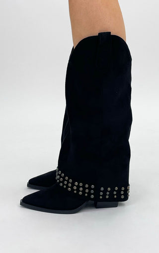 BLACK FAUX SUEDE STUDDED FOLD OVER WESTERN COWBOY BOOTS