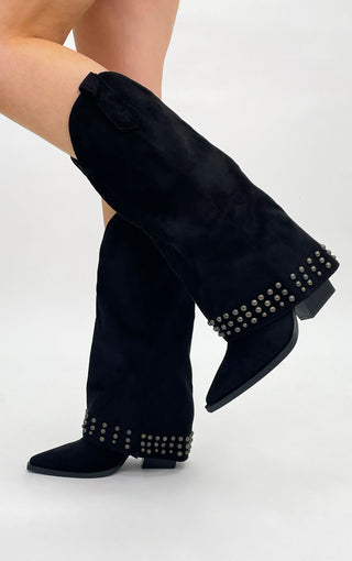 BLACK FAUX SUEDE STUDDED FOLD OVER WESTERN COWBOY BOOTS