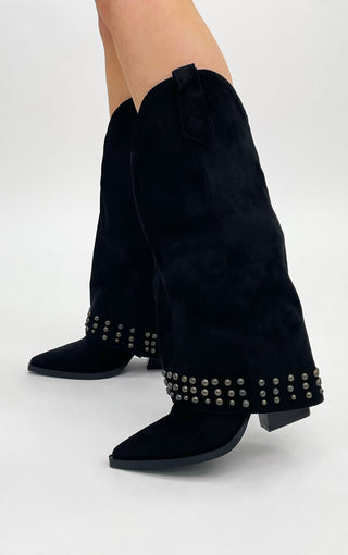 BLACK FAUX SUEDE STUDDED FOLD OVER WESTERN COWBOY BOOTS