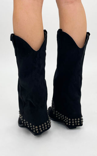 BLACK FAUX SUEDE STUDDED FOLD OVER WESTERN COWBOY BOOTS