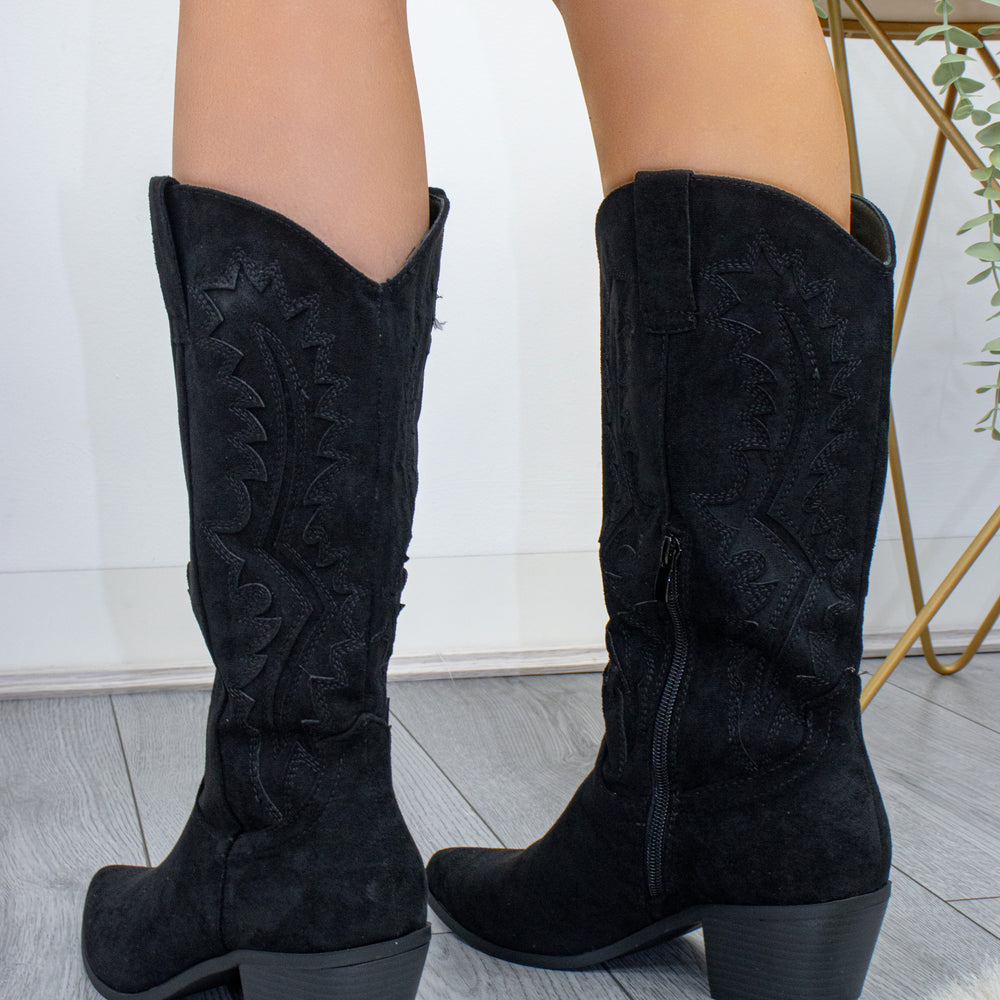 
                      
                        Black Suede Embroidered Cowboy Mid Calf Length Boots
                      
                    