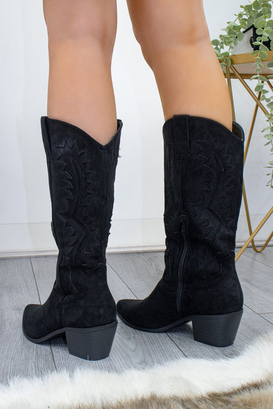 Black Suede Embroidered Cowboy Mid Calf Length Boots