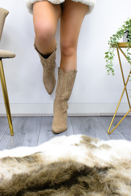 Taupe Suede Embroidered Cowboy Mid Calf Length Boots