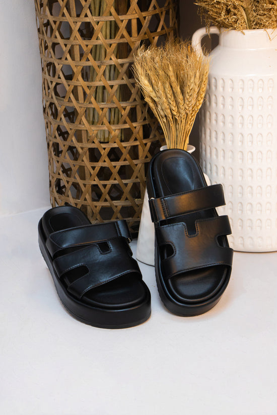 Black Platform Faux Leather Gladiator Open Toe Sandals