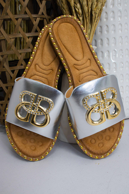 Silver Slider Style Sandals Metal Broach Detailing Studded
