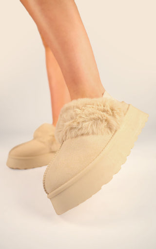 Beige Faux Fur Platform Slingback Aztec Slippers