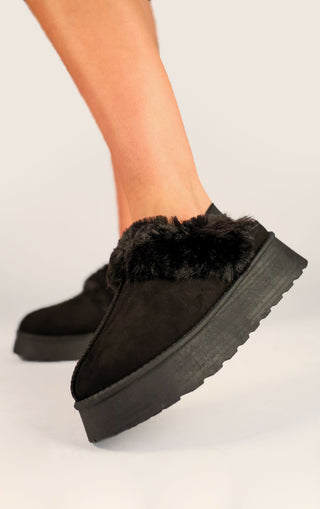 Black Faux Fur Platform Slingback Aztec Slippers