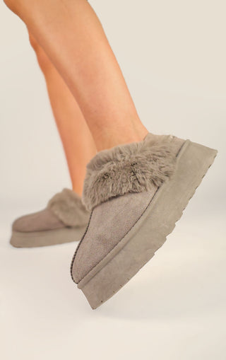 Grey Faux Fur Platform Slingback Aztec Slippers