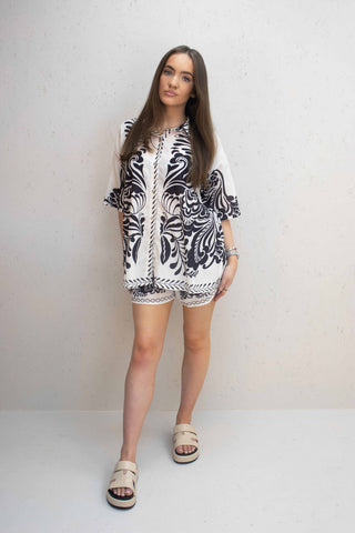 Jasmine Black Paisley Design Button Up Shorts Set