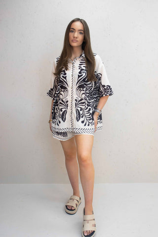 Jasmine Black Paisley Design Button Up Shorts Set