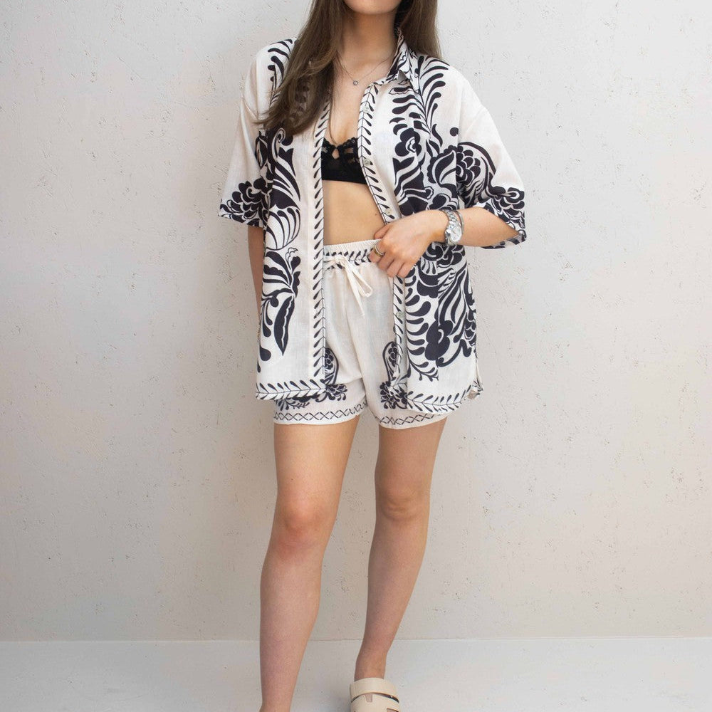 Jasmine Black Paisley Design Button Up Shorts Set