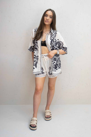 Jasmine Black Paisley Design Button Up Shorts Set