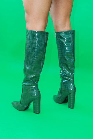 KYLIE Dark Green faux croc knee high heeled boot