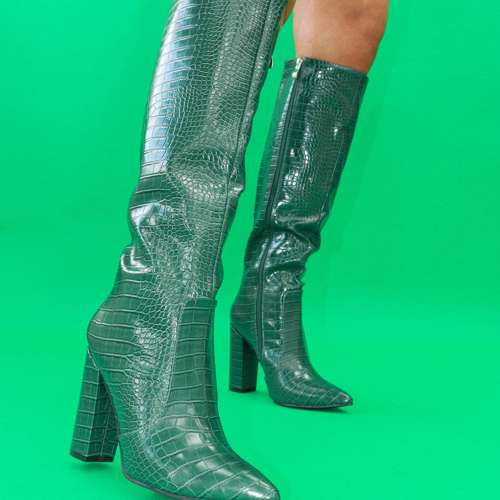 KYLIE Dark Green faux croc knee high heeled boot