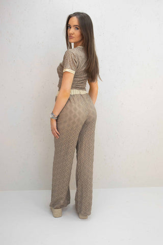 Kalli Brown Mesh Diamond Design Top and Trouser Co-Ord Set