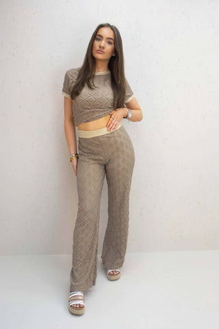 Kalli Brown Mesh Diamond Design Top and Trouser Co-Ord Set