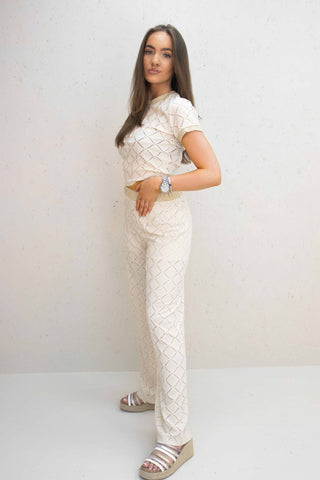 Kalli Cream Mesh Diamond Design Top and Trouser Co-Ord Set