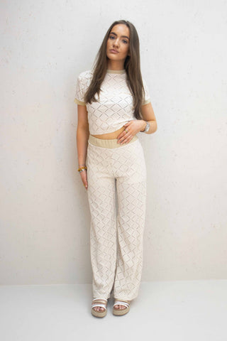 Kalli Cream Mesh Diamond Design Top and Trouser Co-Ord Set