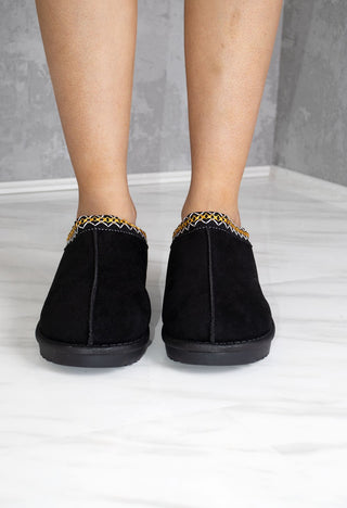 Katch It Aztec Detail Faux Fur Slipper boot In Black Faux Suede