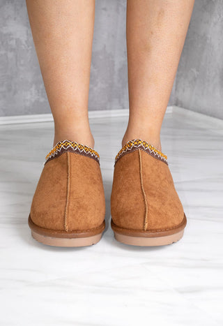 Katch It Aztec Detail Faux Fur Slipper boot In Chestnut Brown Faux Suede