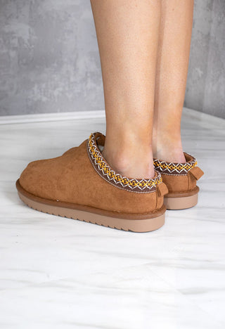 Katch It Aztec Detail Faux Fur Slipper boot In Chestnut Brown Faux Suede