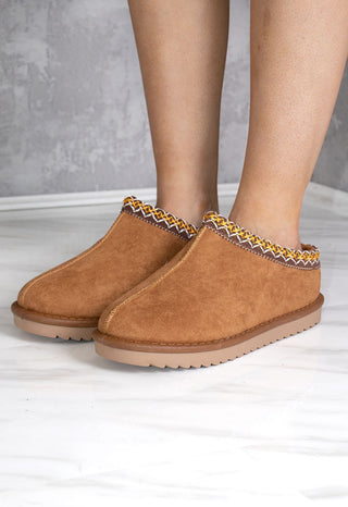 Katch It Aztec Detail Faux Fur Slipper boot In Chestnut Brown Faux Suede