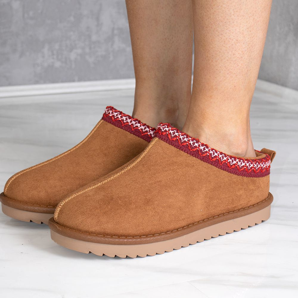 Katch It Aztec Detail Faux Fur Slipper boot In Red Chestnut Brown Faux Suede