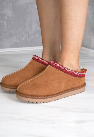 Katch It Aztec Detail Faux Fur Slipper boot In Red Chestnut Brown Faux Suede