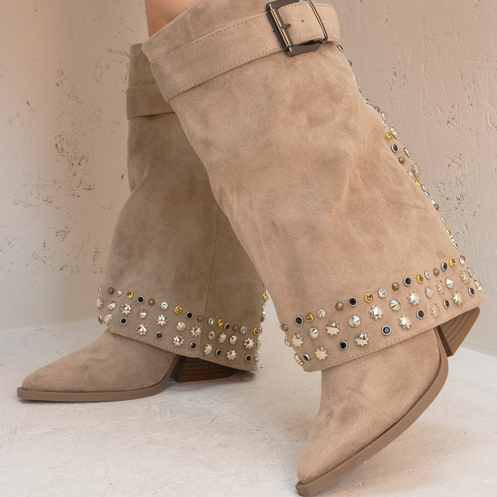 Khaki Buckle Mid Length Studded Shark Boots