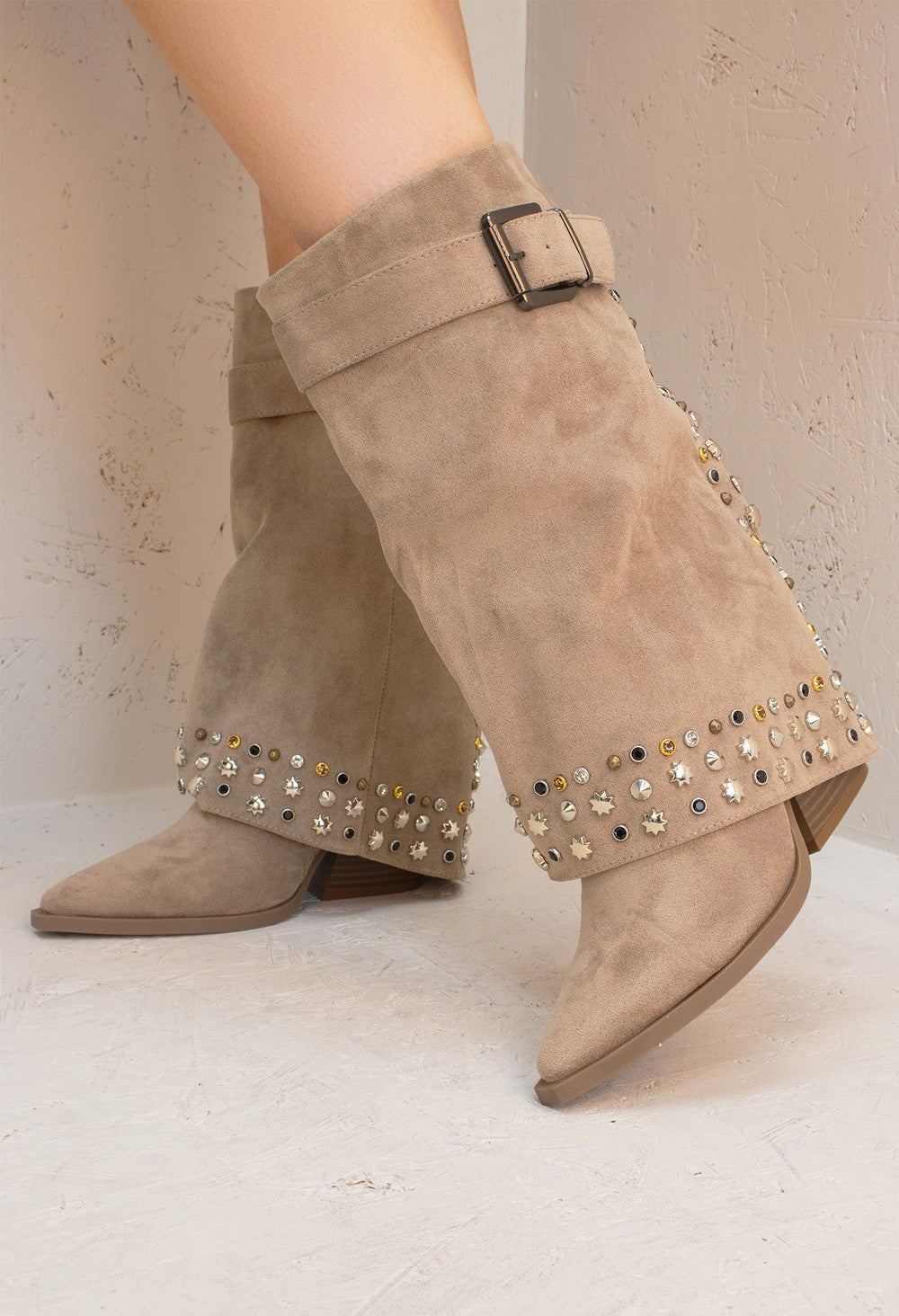 Khaki Buckle Mid Length Studded Shark Boots