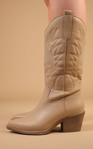 Khaki Calf Length Western PU Cowboy Boots