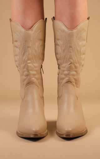 Khaki Calf Length Western PU Cowboy Boots