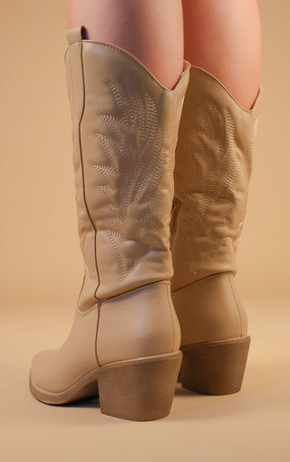 Khaki Calf Length Western PU Cowboy Boots